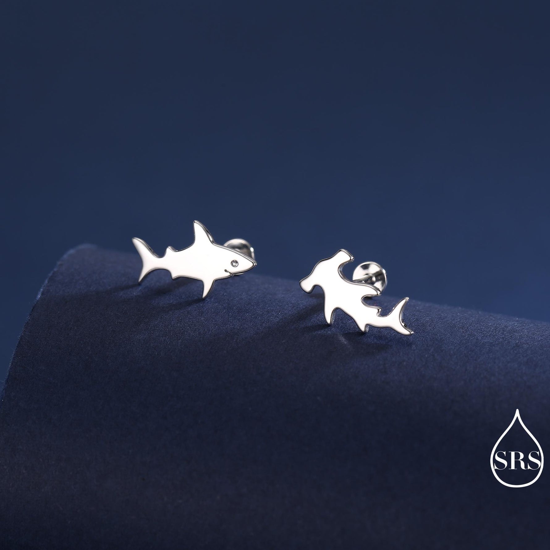 Mismatched Shark 16G Internally Threaded Flat Back Earrings in Sterling Silver, Animal Earrings