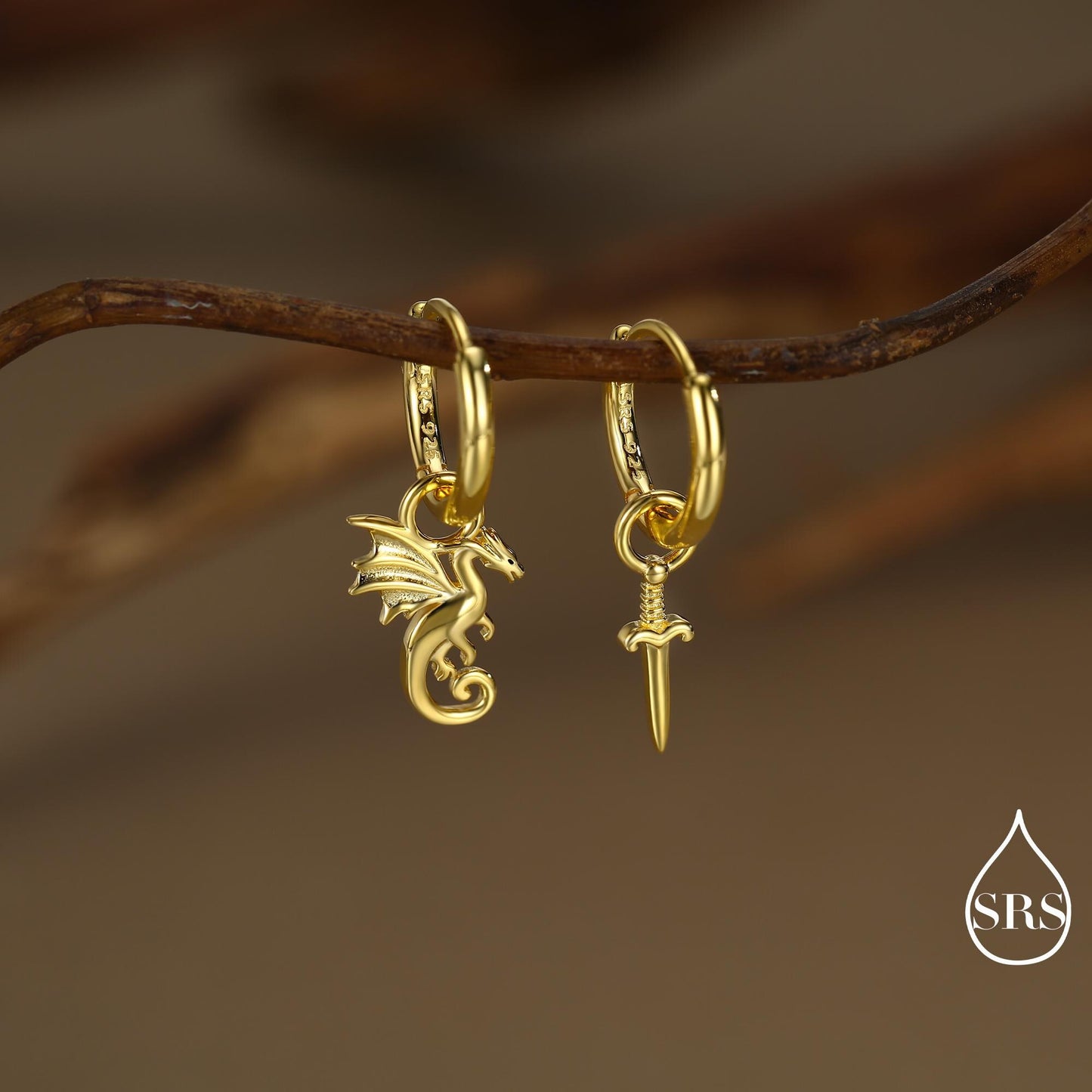 Mismatched Dragon and Sword Huggie Hoops in Sterling Silver, Detachable Asymmetric Dragon and Sword Hoop Earrings, Silver, Gold or Rose Gold