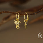Mismatched Dragon and Sword Huggie Hoops in Sterling Silver, Detachable Asymmetric Dragon and Sword Hoop Earrings, Silver, Gold or Rose Gold