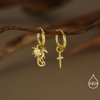 Mismatched Dragon and Sword Huggie Hoops in Sterling Silver, Detachable Asymmetric Dragon and Sword Hoop Earrings, Silver, Gold or Rose Gold