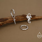 Mismatched Dragon and Sword Huggie Hoops in Sterling Silver, Detachable Asymmetric Dragon and Sword Hoop Earrings, Silver, Gold or Rose Gold