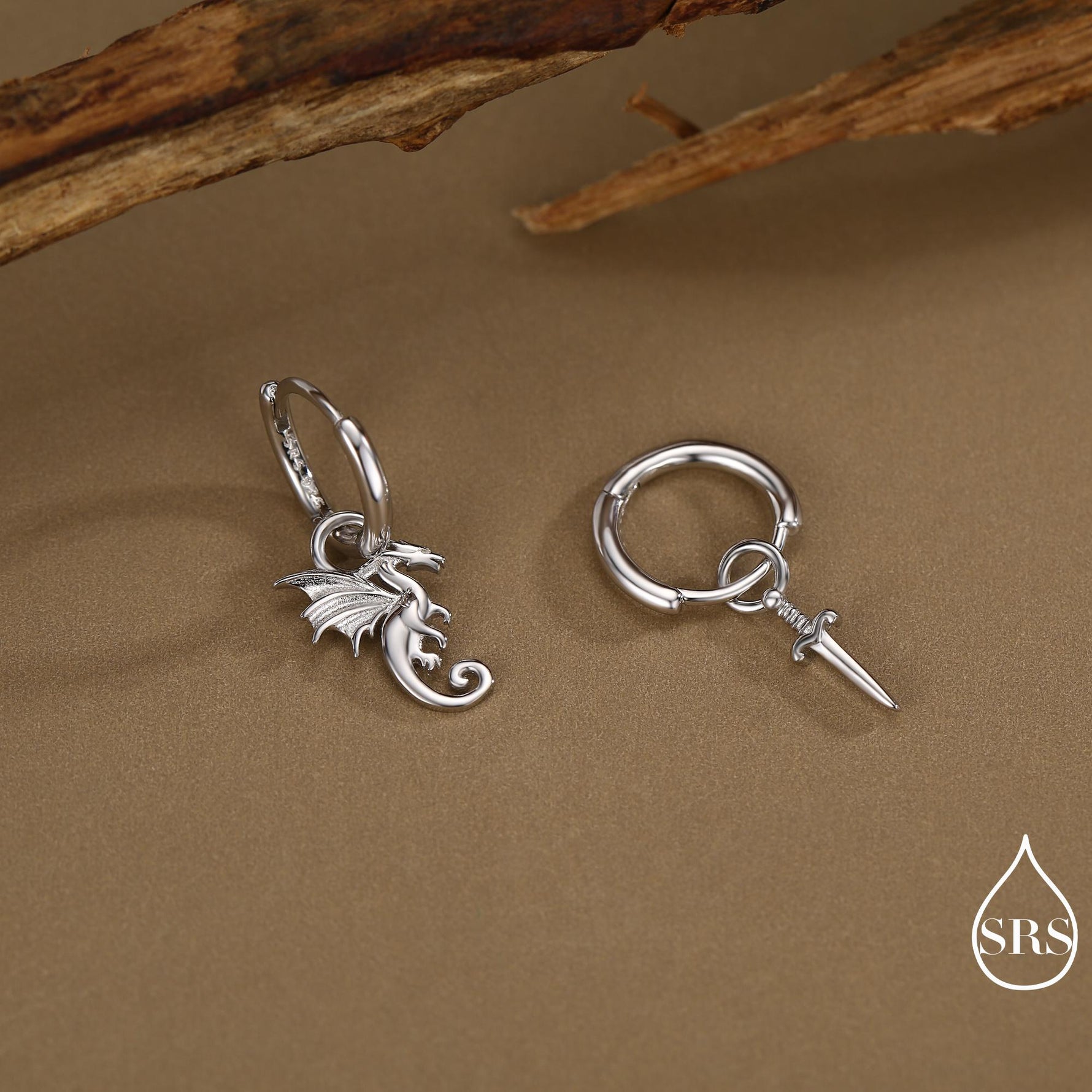 Mismatched Dragon and Sword Huggie Hoops in Sterling Silver, Detachable Asymmetric Dragon and Sword Hoop Earrings, Silver, Gold or Rose Gold