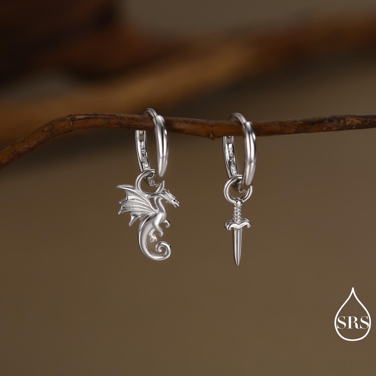 Mismatched Dragon and Sword Huggie Hoops in Sterling Silver, Detachable Asymmetric Dragon and Sword Hoop Earrings, Silver, Gold or Rose Gold