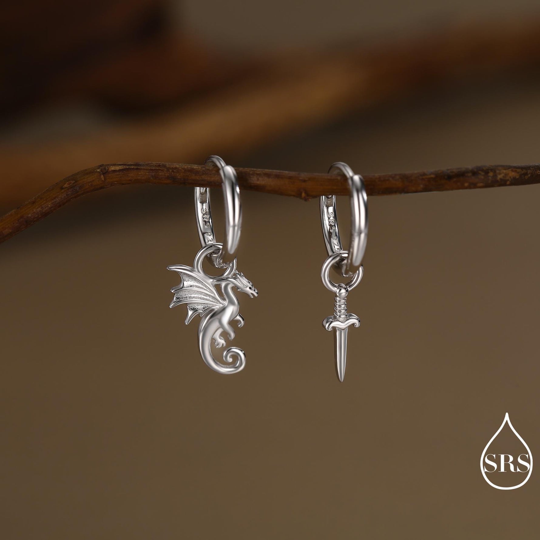 Mismatched Dragon and Sword Huggie Hoops in Sterling Silver, Detachable Asymmetric Dragon and Sword Hoop Earrings, Silver, Gold or Rose Gold