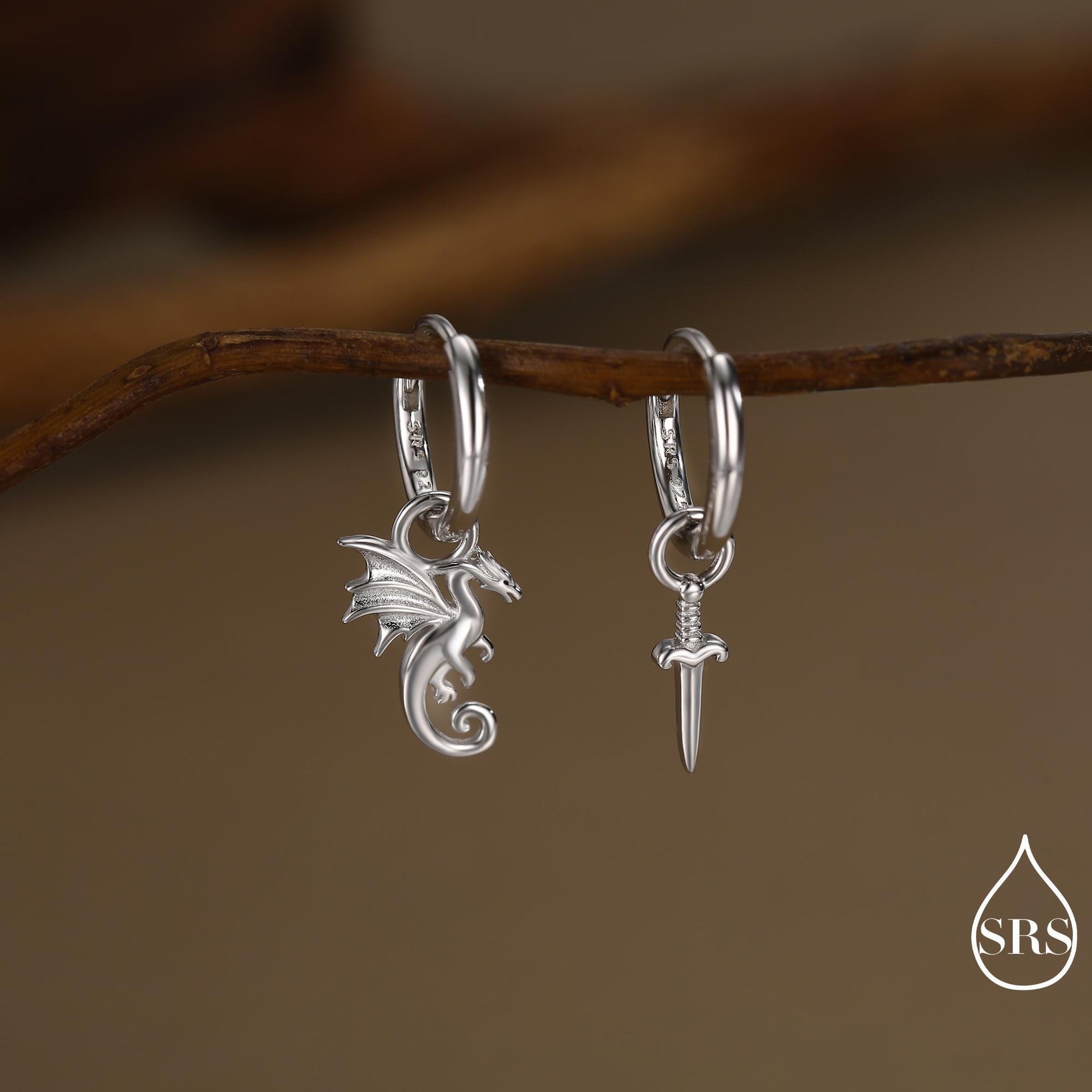 Mismatched Dragon and Sword Huggie Hoops in Sterling Silver, Detachable Asymmetric Dragon and Sword Hoop Earrings, Silver, Gold or Rose Gold