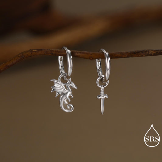 Mismatched Dragon and Sword Huggie Hoops in Sterling Silver, Detachable Asymmetric Dragon and Sword Hoop Earrings, Silver, Gold or Rose Gold