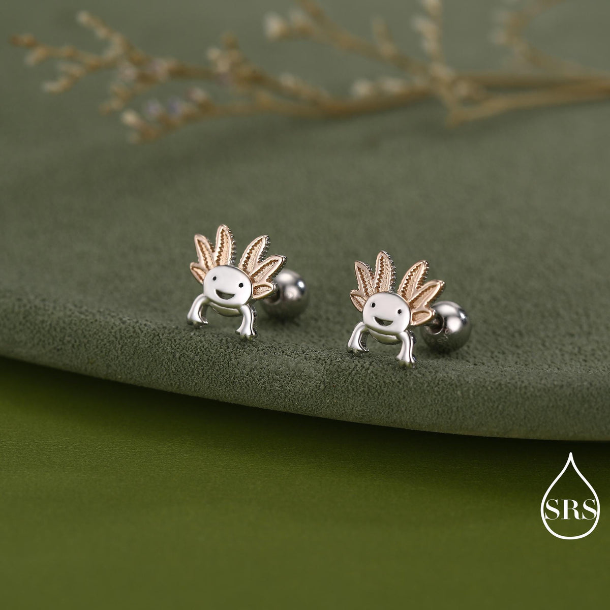 Tiny Axolotl Screw Back / Flat Back / 20G Stud Earrings in Sterling Silver - Sea Creature Stud Earrings