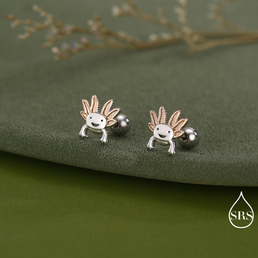 Tiny Axolot Screw Back / Flat Back / 20G Stud Earrings in Sterling Silver - Sea Creature Stud Earrings