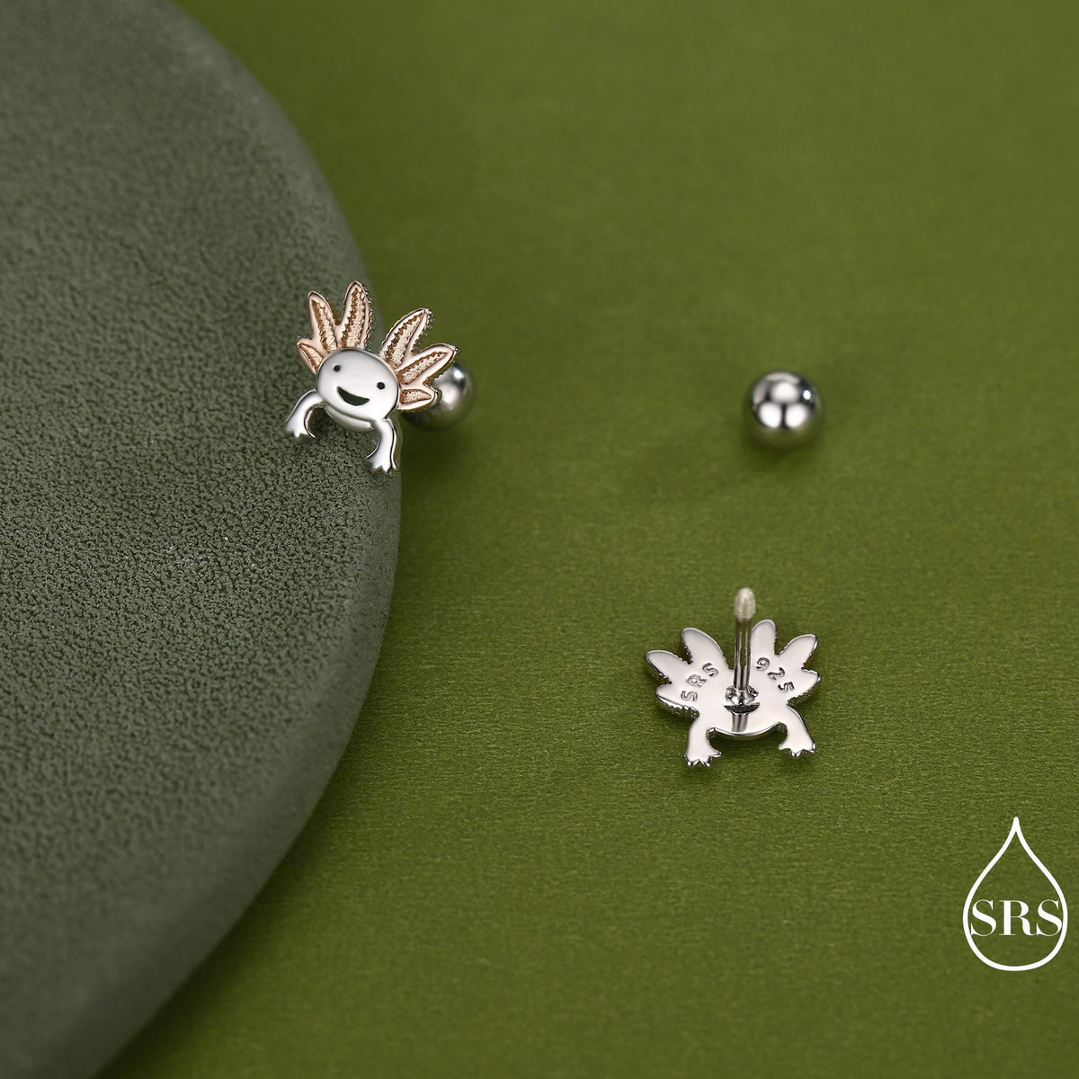 Tiny Axolotl Screw Back / Flat Back / 20G Stud Earrings in Sterling Silver - Sea Creature Stud Earrings