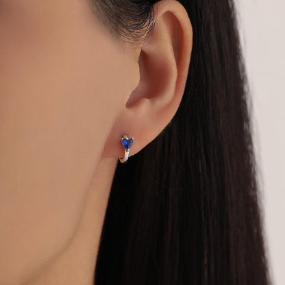 Sapphire Blue Heart Huggie Hoop in Sterling Silver, Silver or Gold, 8mm Inner Diameter, Stacking Earrings, September Birthstone