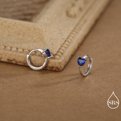 Sapphire Blue Heart Huggie Hoop in Sterling Silver, Silver or Gold, 8mm Inner Diameter, Stacking Earrings, September Birthstone