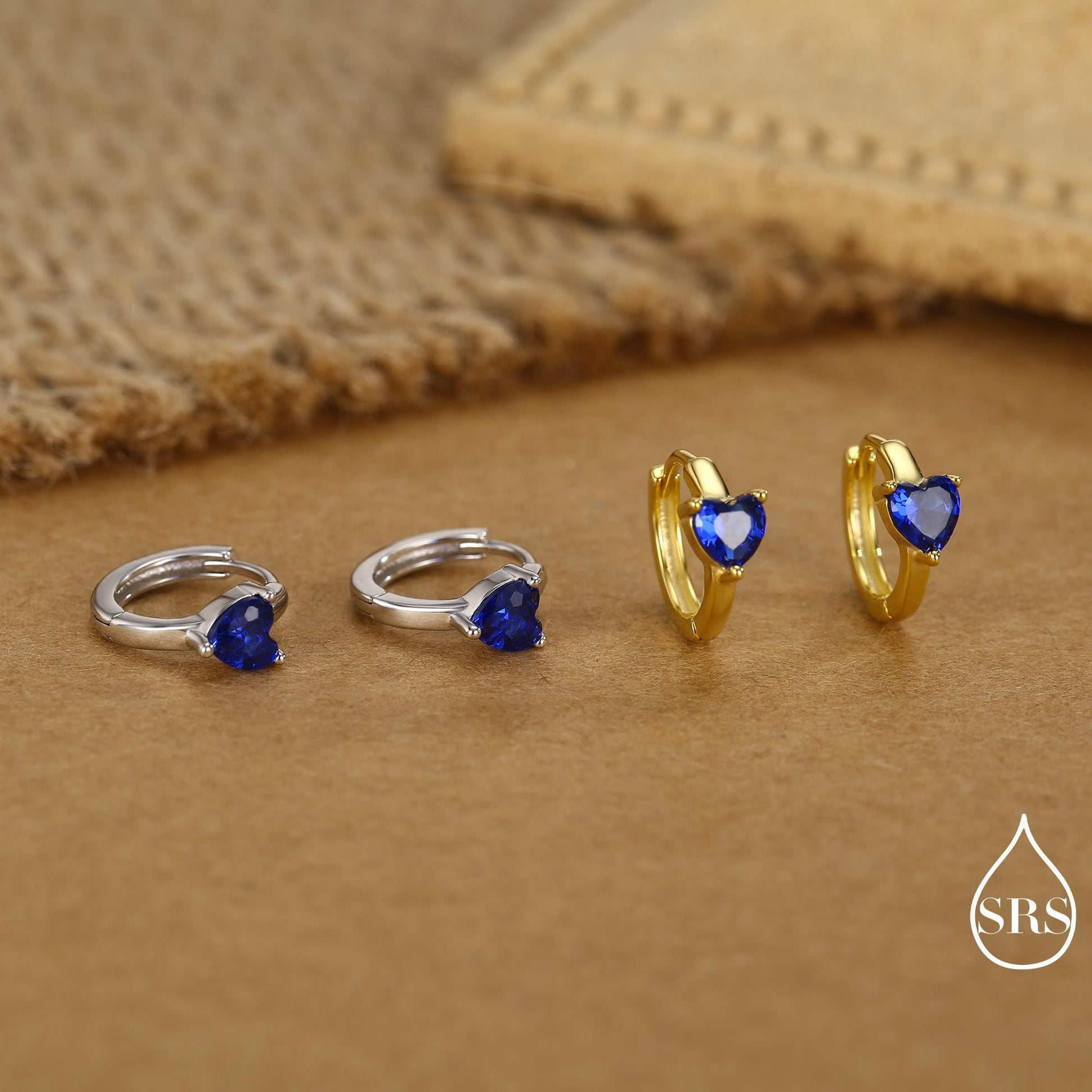 Sapphire Blue Heart Huggie Hoop in Sterling Silver, Silver or Gold, 8mm Inner Diameter, Stacking Earrings, September Birthstone