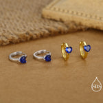 Sapphire Blue Heart Huggie Hoop in Sterling Silver, Silver or Gold, 8mm Inner Diameter, Stacking Earrings, September Birthstone