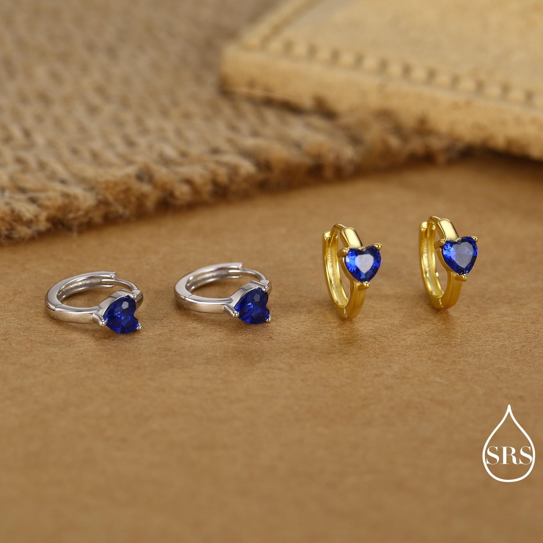 Sapphire Blue Heart Huggie Hoop in Sterling Silver, Silver or Gold, 8mm Inner Diameter, Stacking Earrings, September Birthstone
