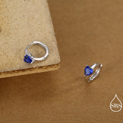 Sapphire Blue Heart Huggie Hoop in Sterling Silver, Silver or Gold, 8mm Inner Diameter, Stacking Earrings, September Birthstone
