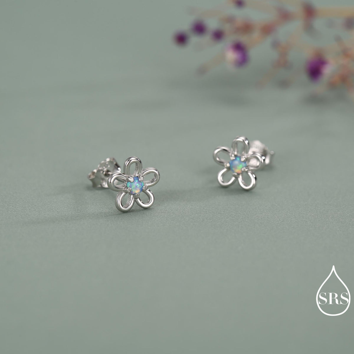 Tiny Blue Opal Flower Stud Earrings in Sterling Silver, Opal Forget-me-not Earrings - Silver Opal Flower Earrings - Petite Stud Earrings