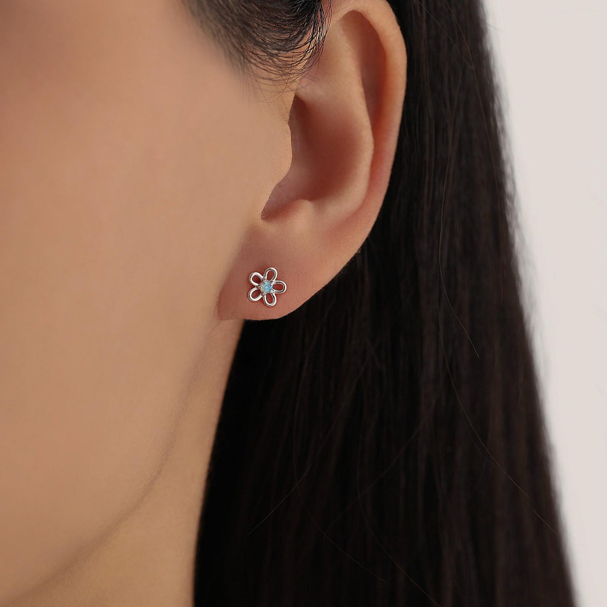 Tiny Blue Opal Flower Stud Earrings in Sterling Silver, Opal Forget-me-not Earrings - Silver Opal Flower Earrings - Petite Stud Earrings