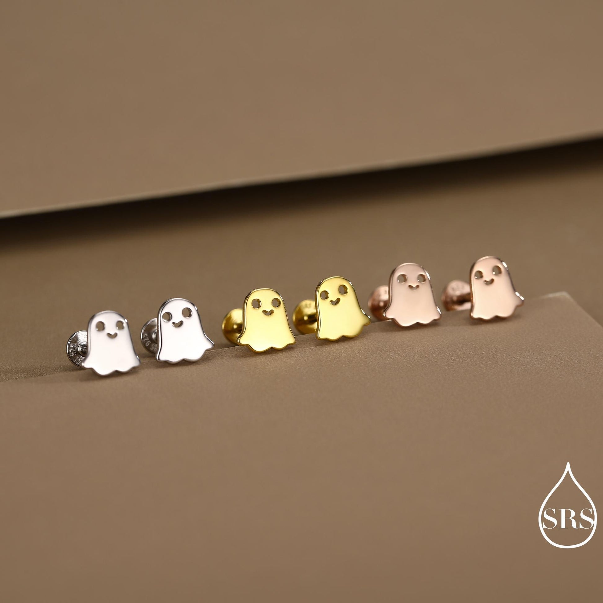Tiny Little Cute Ghost Internally Threaded Flat Back Earrings in Sterling Silver, Silver, Gold or Rose Gold, Tiny Ghost Screw Back Earrings