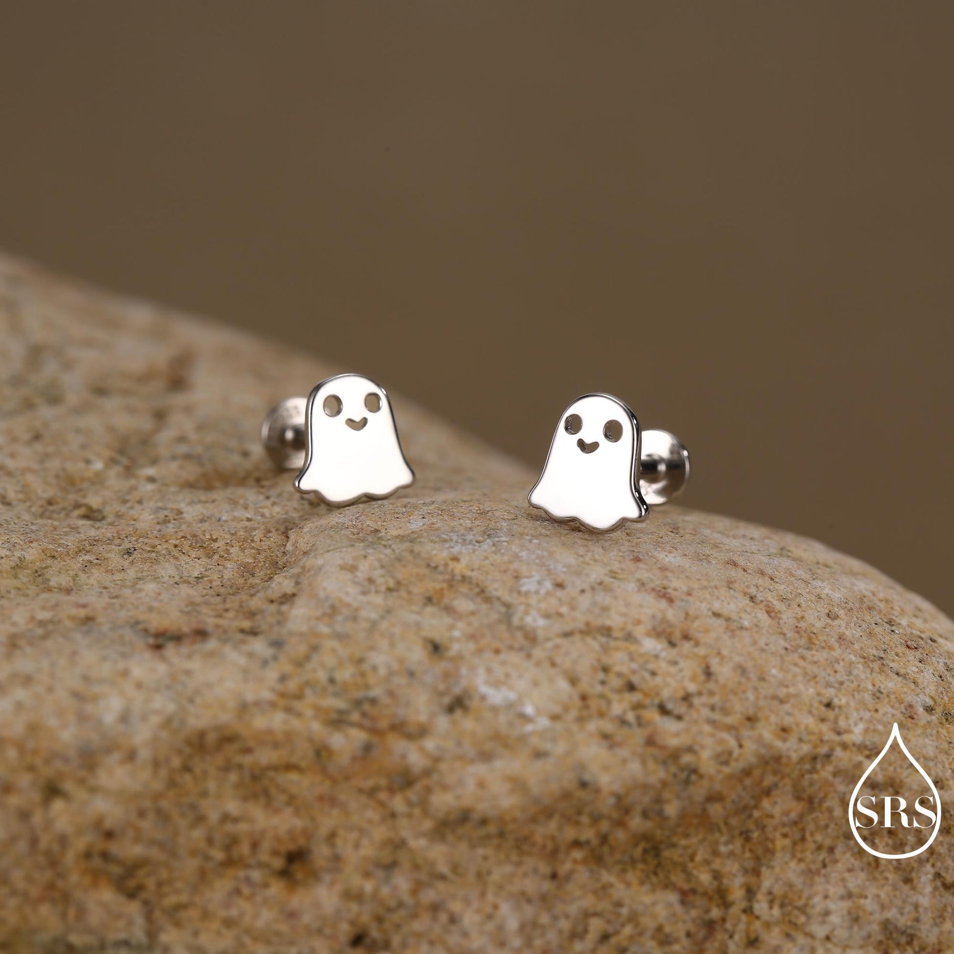 Tiny Little Cute Ghost Internally Threaded Flat Back Earrings in Sterling Silver, Silver, Gold or Rose Gold, Tiny Ghost Screw Back Earrings