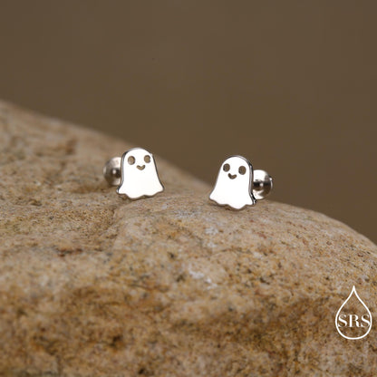 Tiny Little Cute Ghost Internally Threaded Flat Back Earrings in Sterling Silver, Silver, Gold or Rose Gold, Tiny Ghost Screw Back Earrings