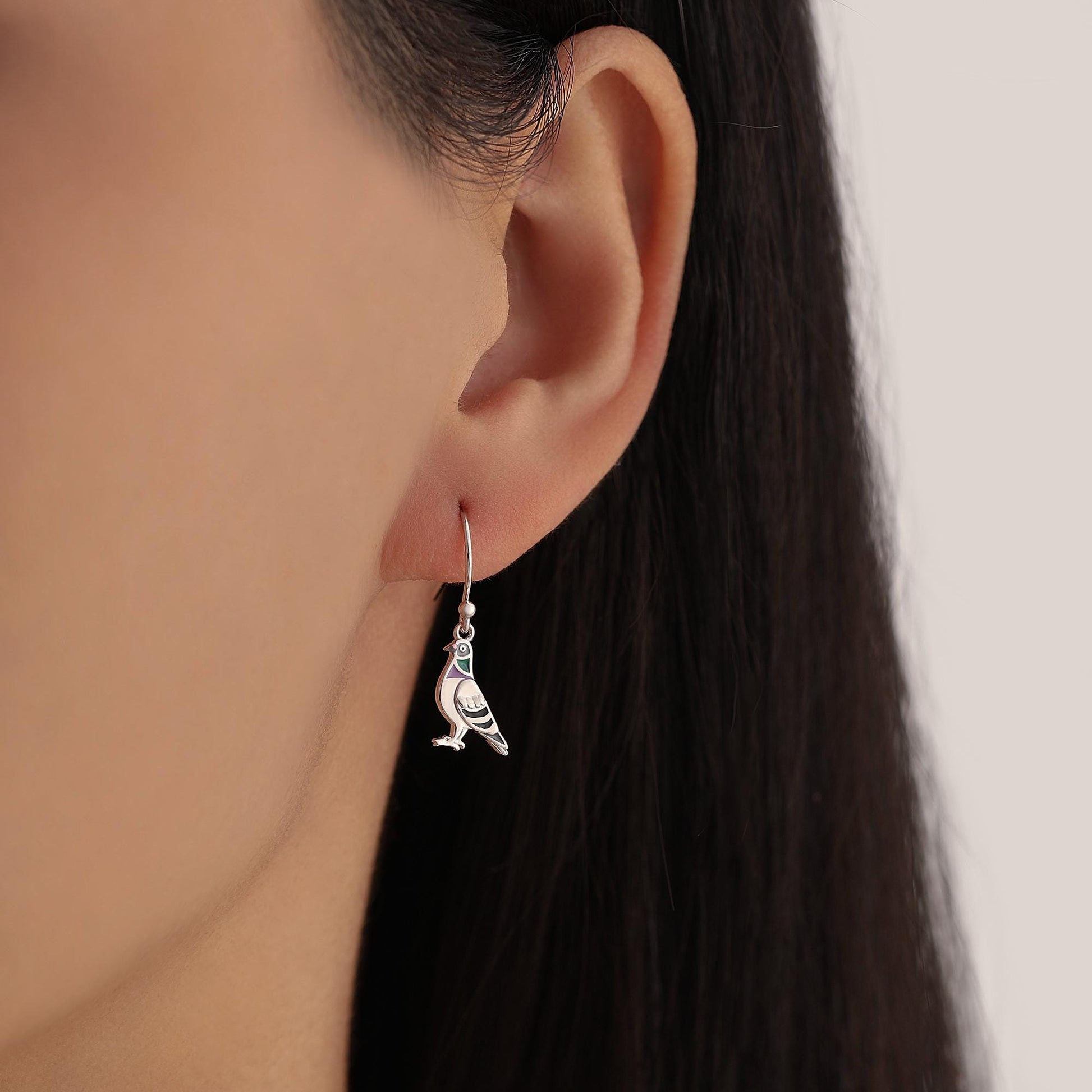 Sterling Silver Pigeon Bird Drop Hook Earrings, Enamel Coated Pigeon Dangle Earrings, Nature Inspired Animal Earrings