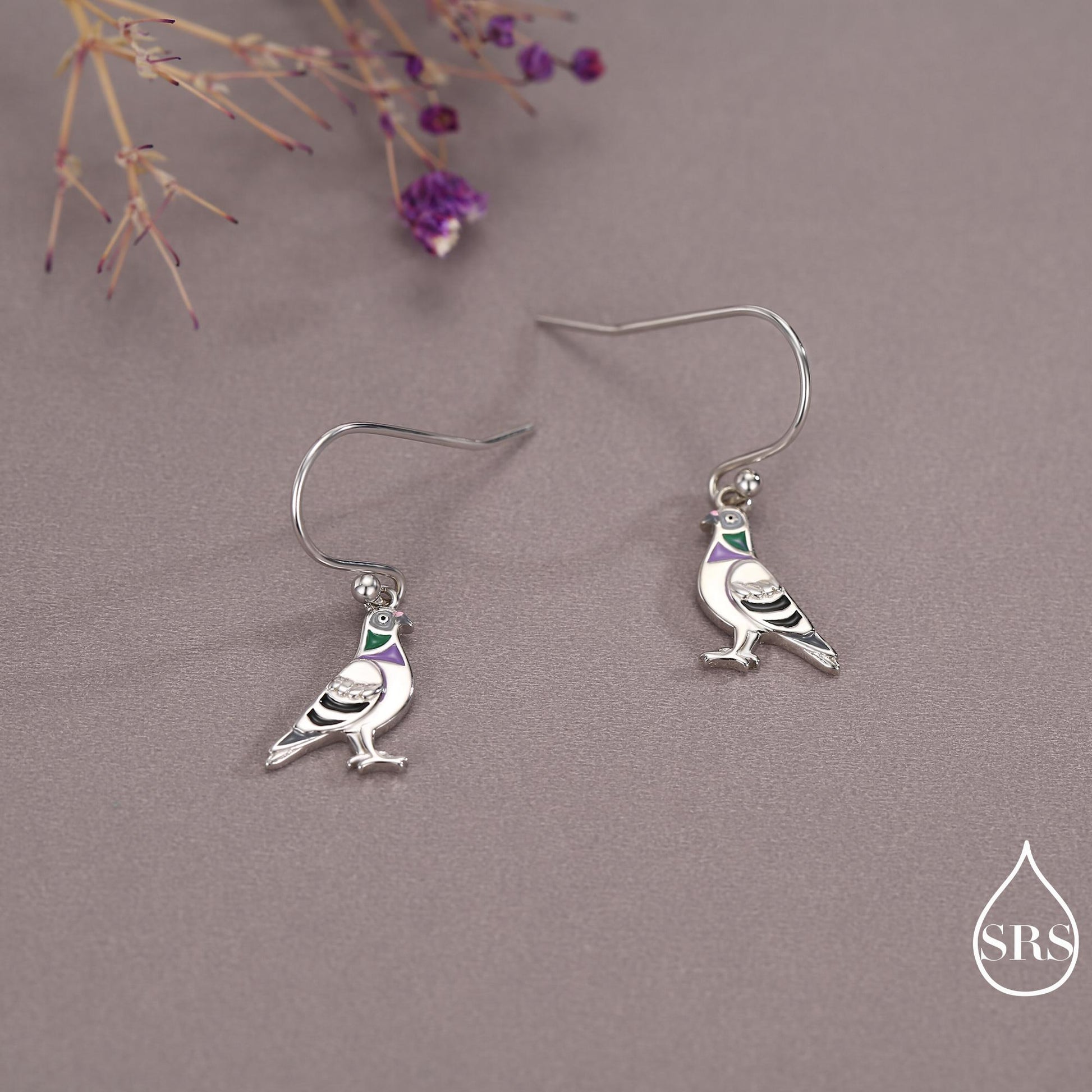 Sterling Silver Pigeon Bird Drop Hook Earrings, Enamel Coated Pigeon Dangle Earrings, Nature Inspired Animal Earrings