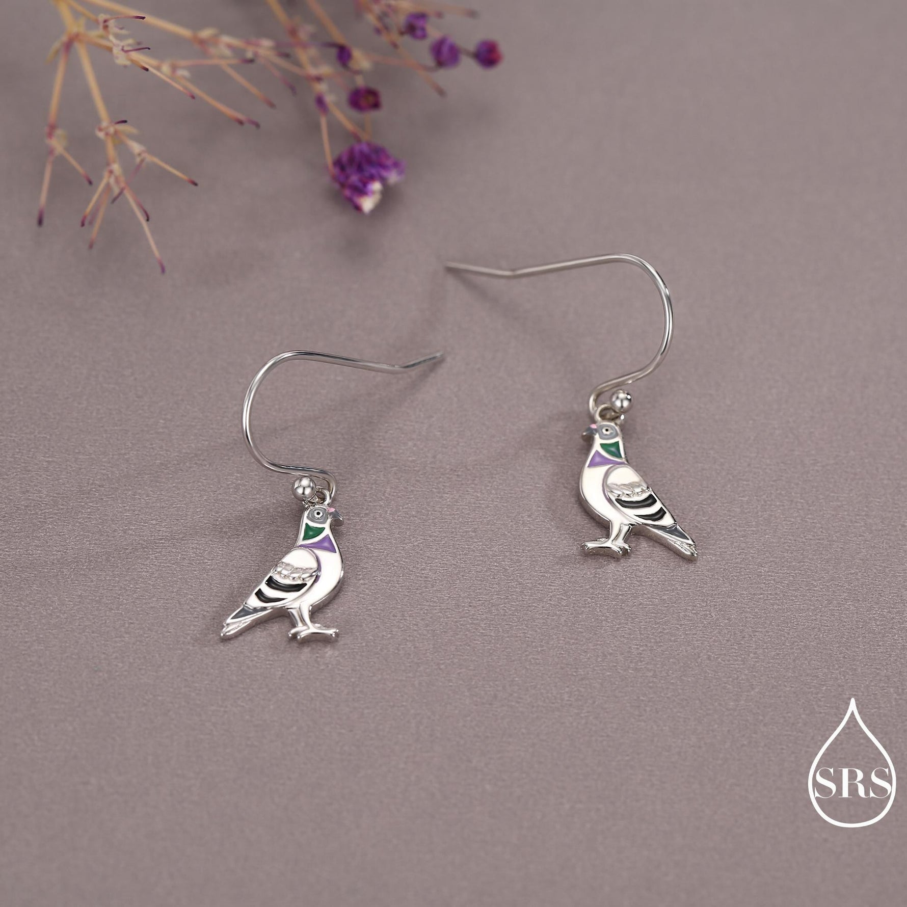 Sterling Silver Pigeon Bird Drop Hook Earrings, Enamel Coated Pigeon Dangle Earrings, Nature Inspired Animal Earrings
