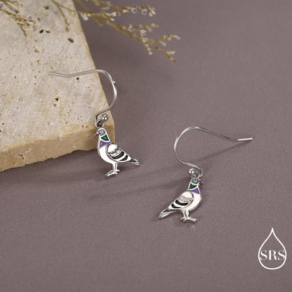 Sterling Silver Pigeon Bird Drop Hook Earrings, Enamel Coated Pigeon Dangle Earrings, Nature Inspired Animal Earrings