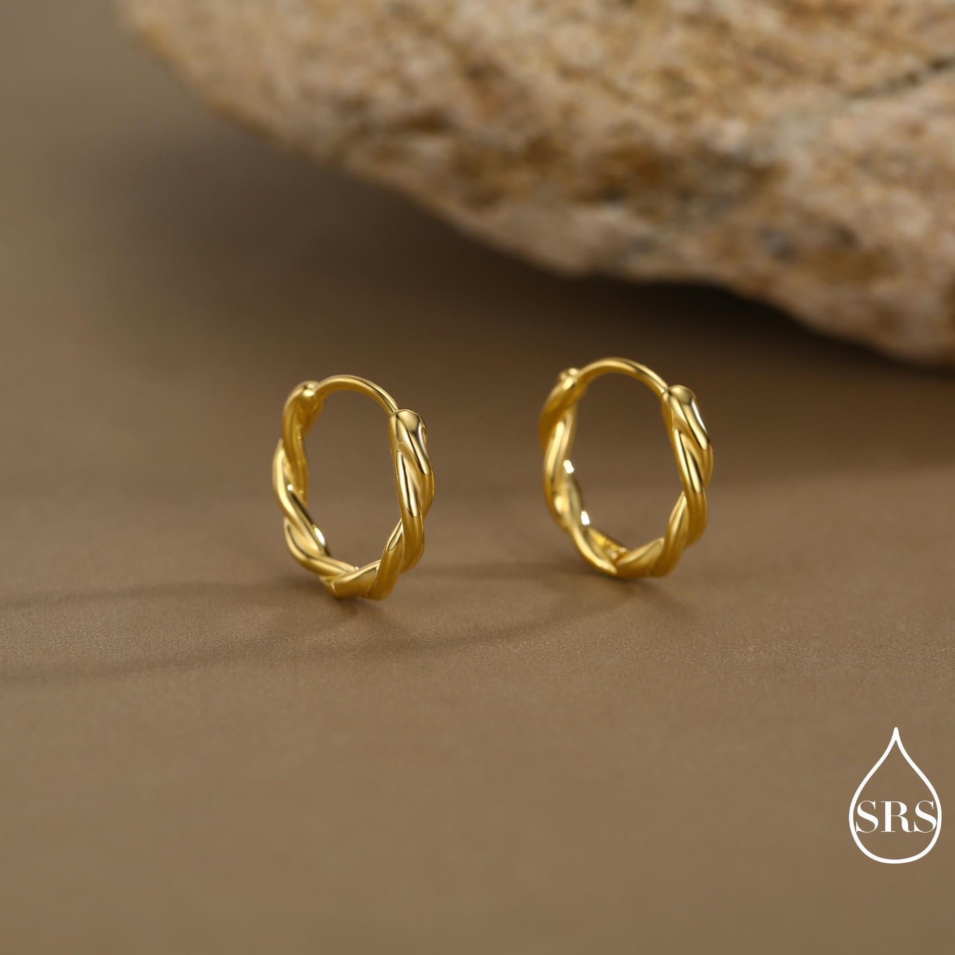 Sterling Silver Dainty Braided Hoop Earrings, 8mm or 10mm, Minimalist and Delicate Twist Rope Hoop Earrings, Silver, Gold, Rose Gold Finish