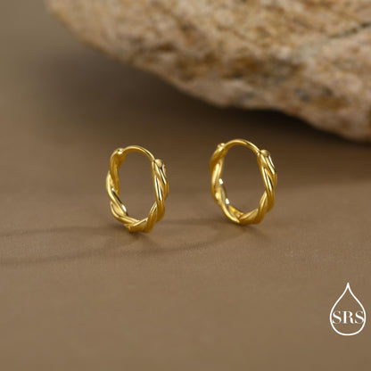 Sterling Silver Dainty Braided Hoop Earrings, 8mm or 10mm, Minimalist and Delicate Twist Rope Hoop Earrings, Silver, Gold, Rose Gold Finish