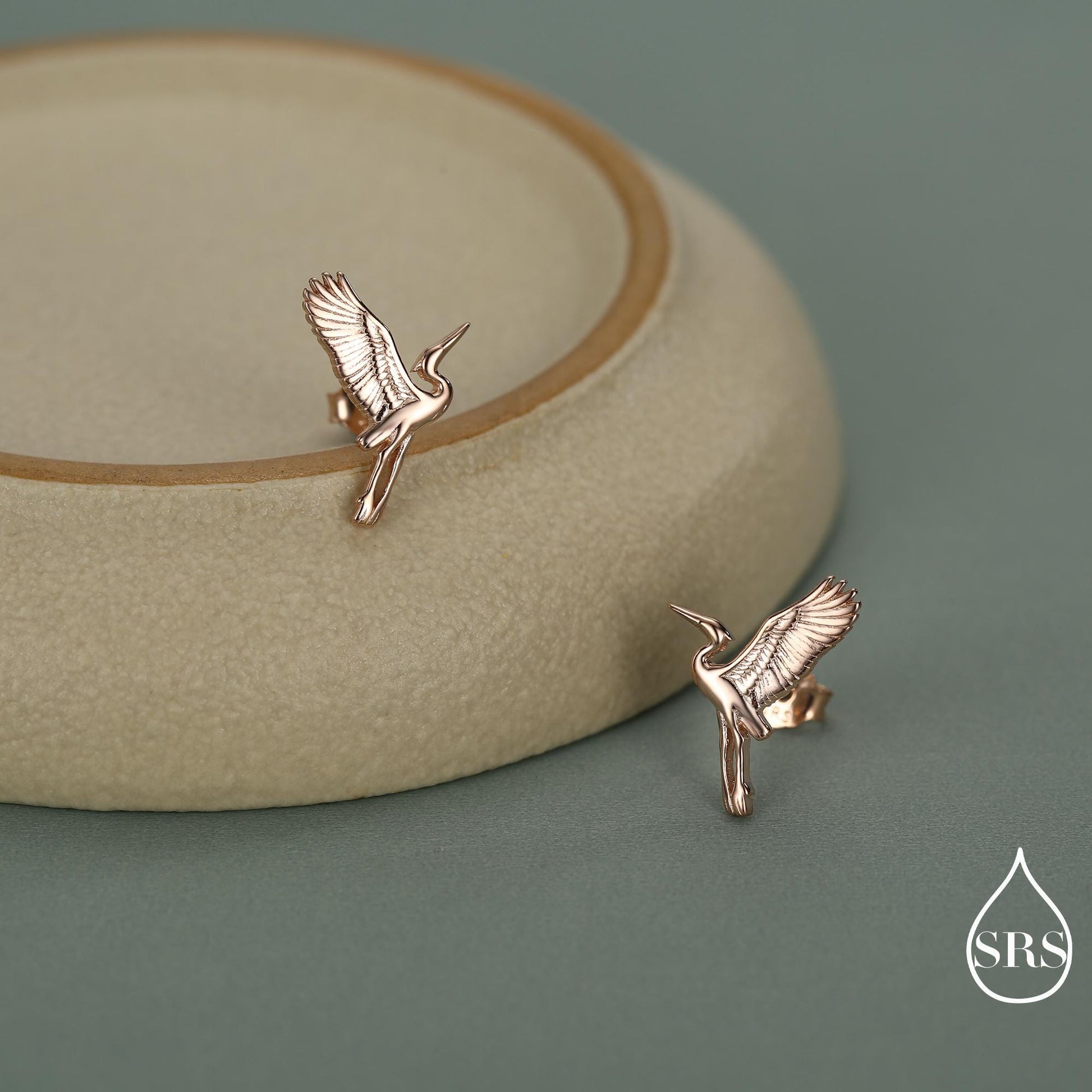 Sterling Silver Flying Heron / Crane Bird Stud Earrings, Silver, Gold or Rose Gold Finish, Animal Lover, Nature Inspired
