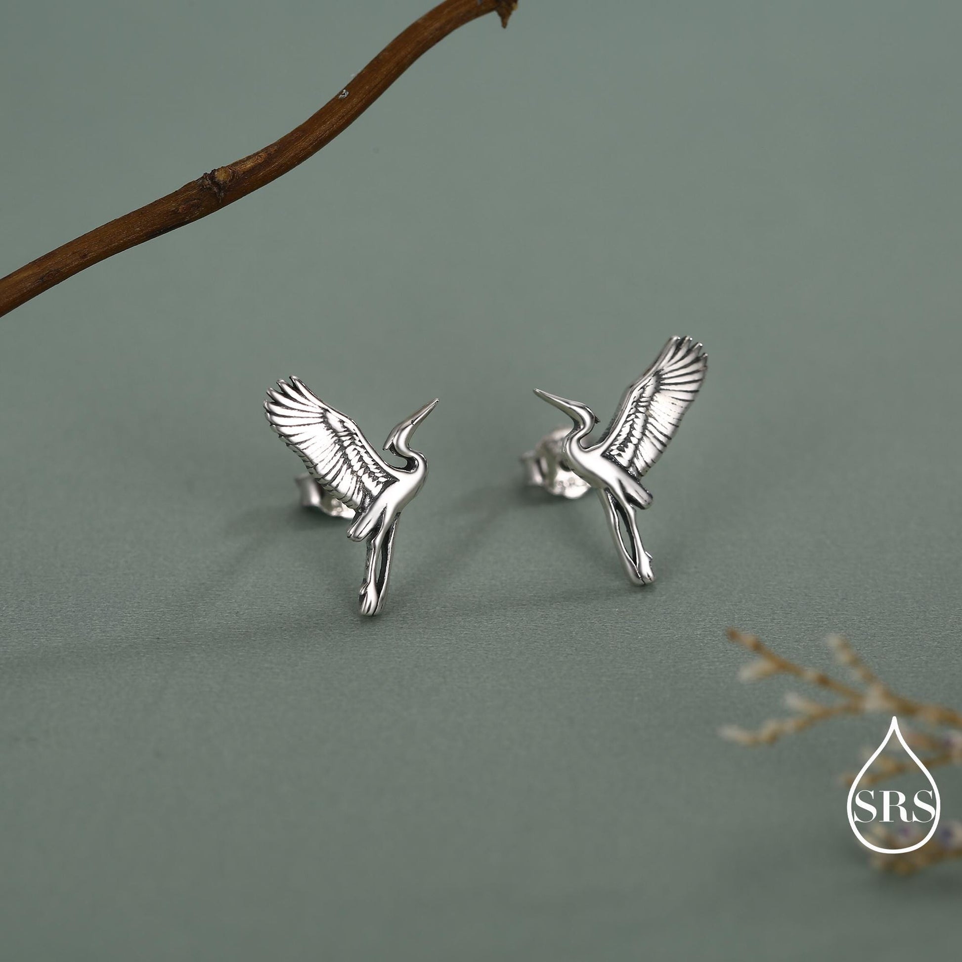 Sterling Silver Flying Heron / Crane Bird Stud Earrings, Silver, Gold or Rose Gold Finish, Animal Lover, Nature Inspired