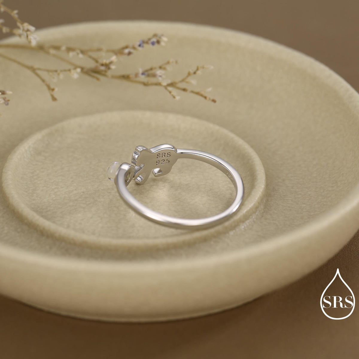 Sterling Silver Cat Playing with Ball Ring with Lab Created Moonstones, Adjustable-Sized Ring, Open Ring, Stacking Rings