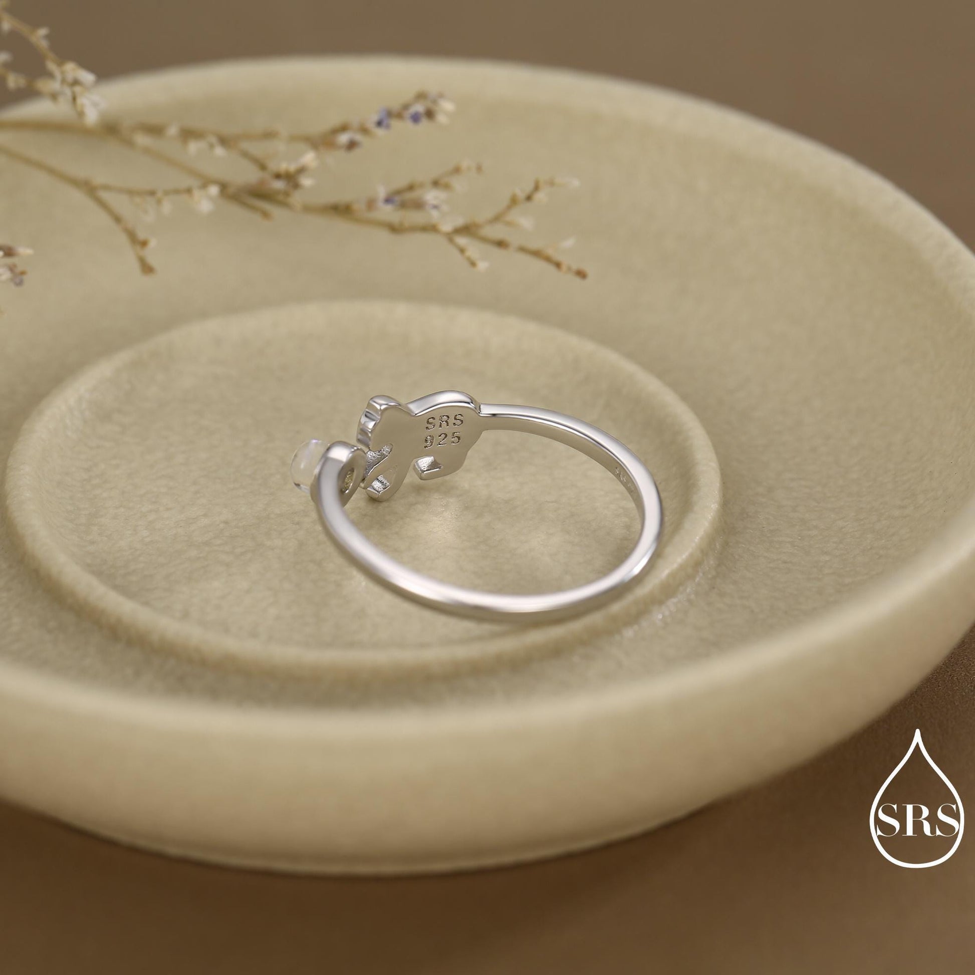 Sterling Silver Cat Playing with Ball Ring with Lab Created Moonstones, Adjustable-Sized Ring, Open Ring, Stacking Rings