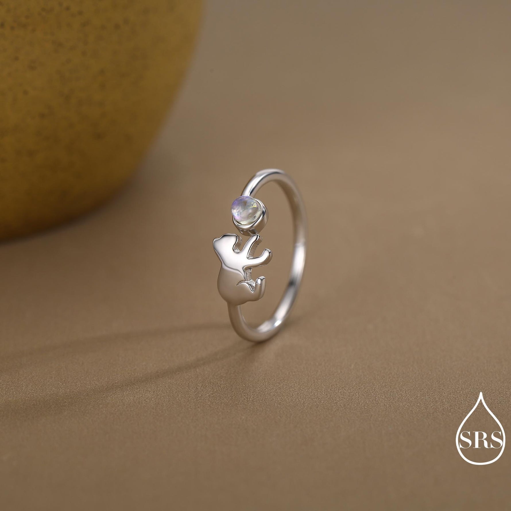 Sterling Silver Cat Playing with Ball Ring with Lab Created Moonstones, Adjustable-Sized Ring, Open Ring, Stacking Rings