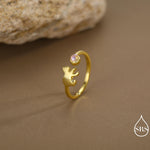 Sterling Silver Cat Playing with Ball Ring with Lab Created Moonstones, Adjustable-Sized Ring, Open Ring, Stacking Rings