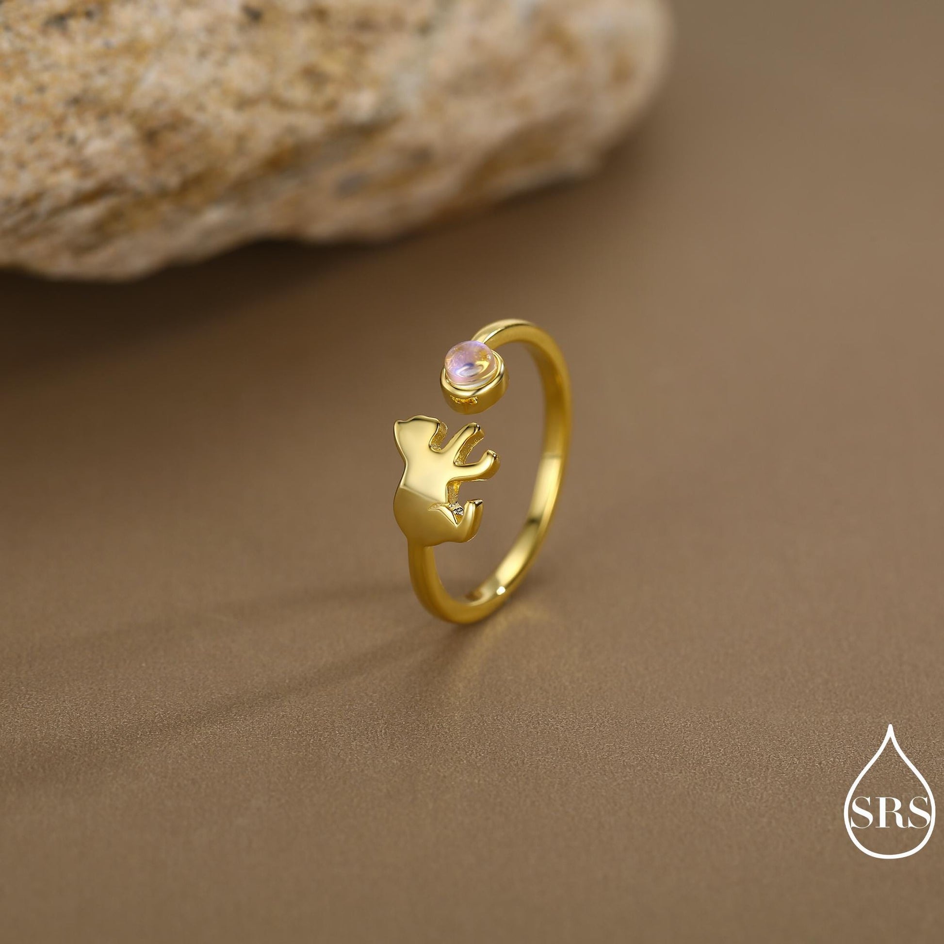 Sterling Silver Cat Playing with Ball Ring with Lab Created Moonstones, Adjustable-Sized Ring, Open Ring, Stacking Rings