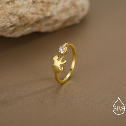 Sterling Silver Cat Playing with Ball Ring with Lab Created Moonstones, Adjustable-Sized Ring, Open Ring, Stacking Rings