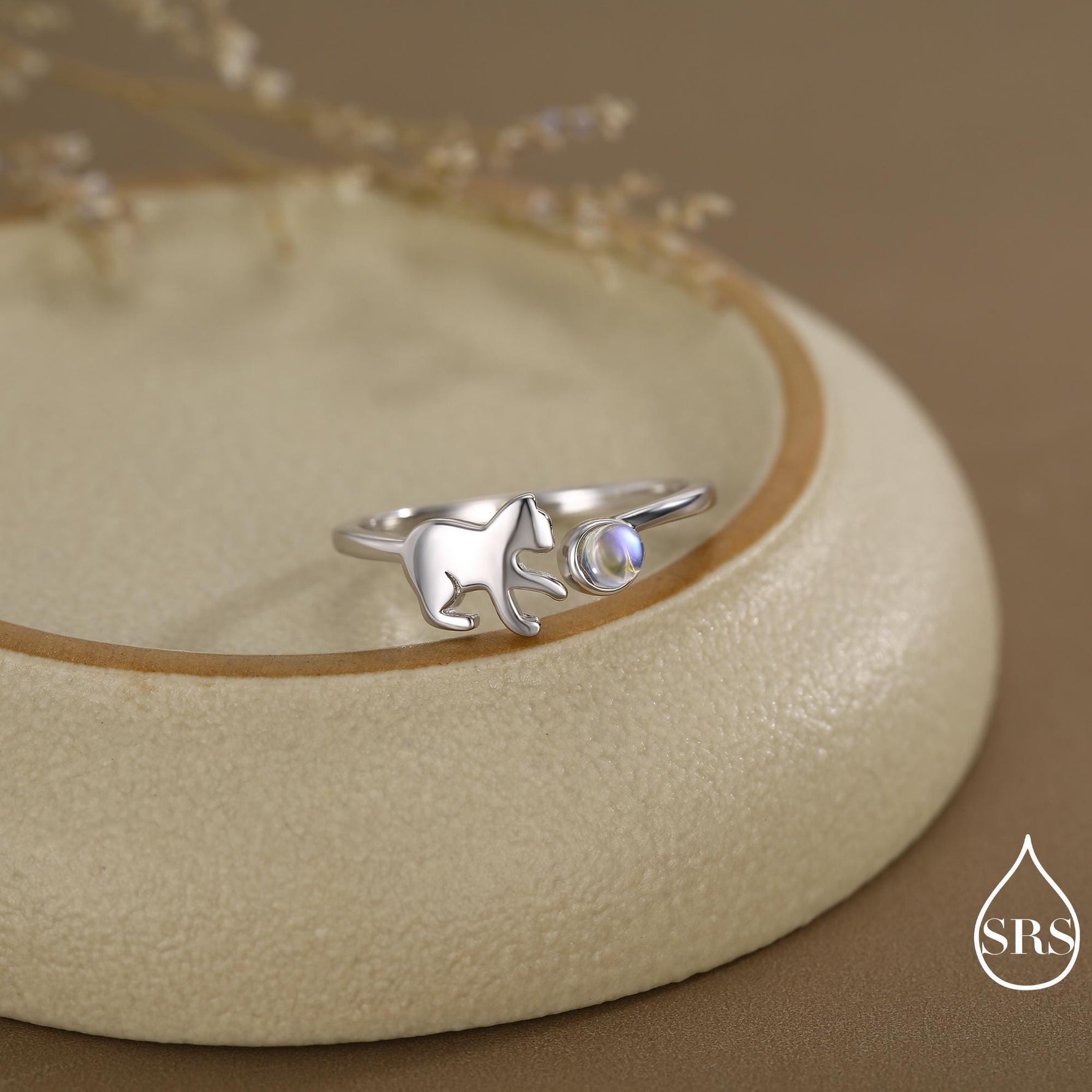 Sterling Silver Cat Playing with Ball Ring with Lab Created Moonstones, Adjustable-Sized Ring, Open Ring, Stacking Rings