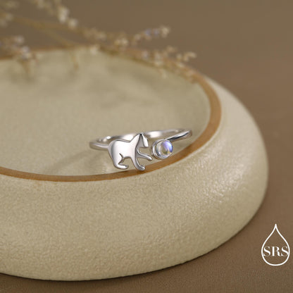Sterling Silver Cat Playing with Ball Ring with Lab Created Moonstones, Adjustable-Sized Ring, Open Ring, Stacking Rings