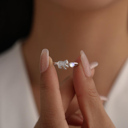 Sterling Silver Cat Playing with Ball Ring with Lab Created Moonstones, Adjustable-Sized Ring, Open Ring, Stacking Rings