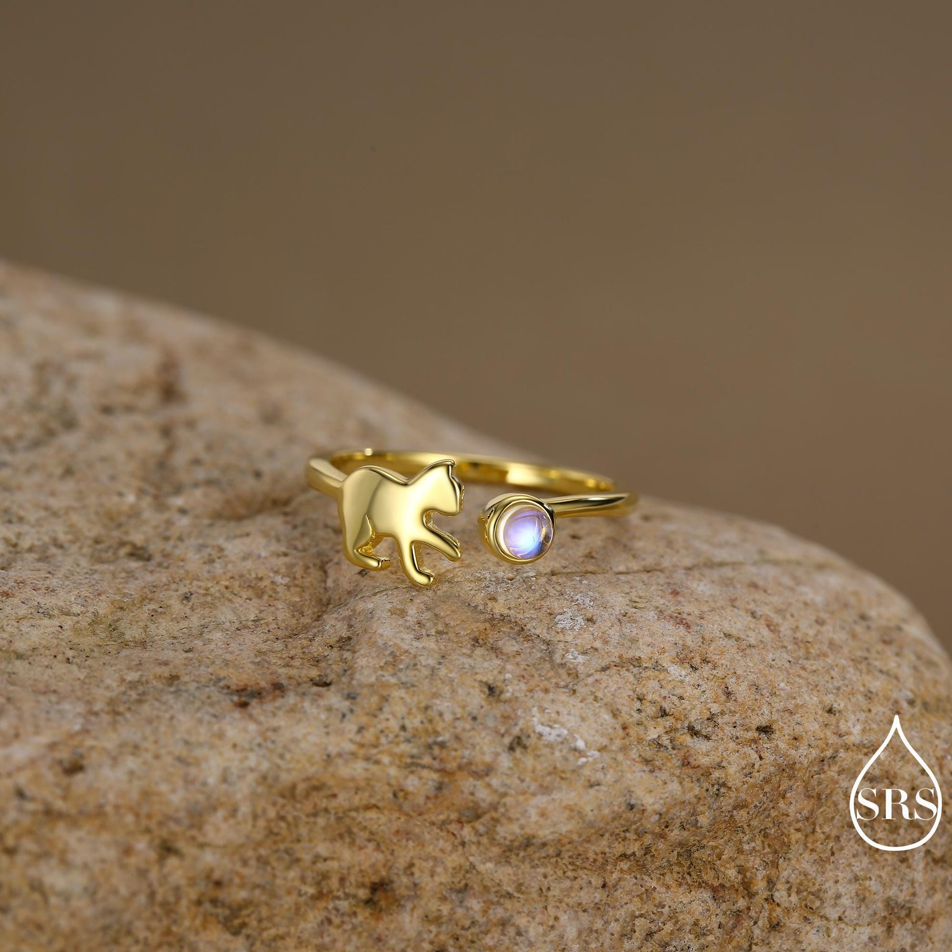 Sterling Silver Cat Playing with Ball Ring with Lab Created Moonstones, Adjustable-Sized Ring, Open Ring, Stacking Rings