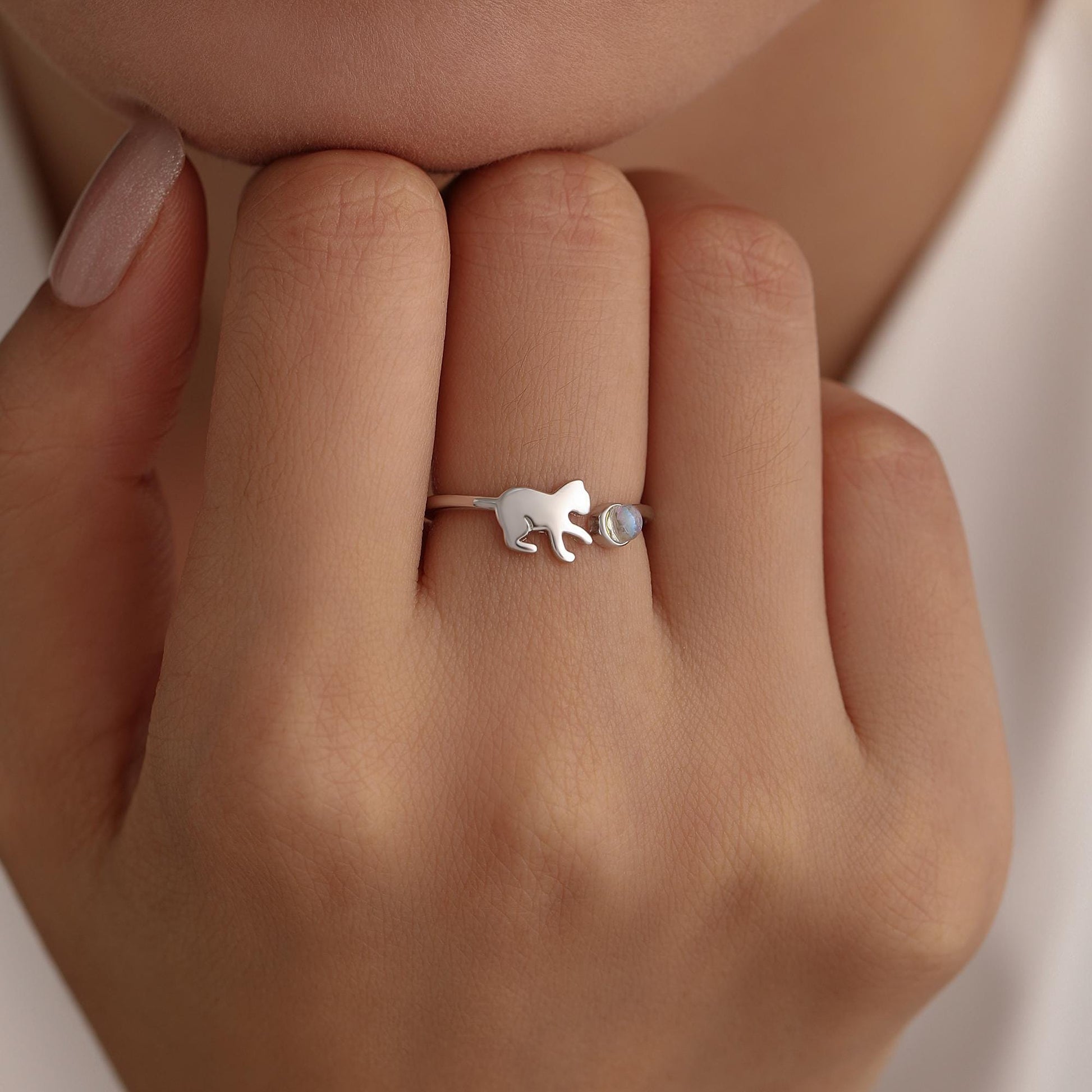 Sterling Silver Cat Playing with Ball Ring with Lab Created Moonstones, Adjustable-Sized Ring, Open Ring, Stacking Rings