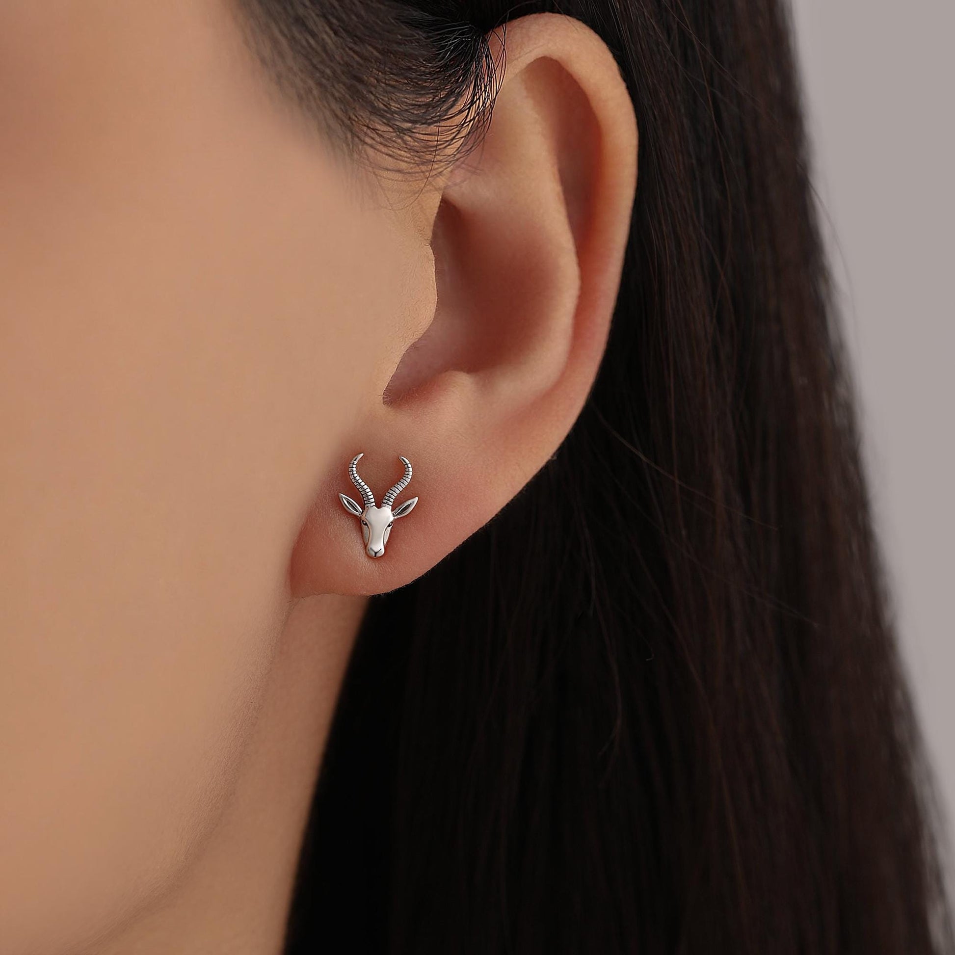 Sterling Silver Antelope / Deer Head Stud Earrings, Aries Jewellery, Animal Earrings, Nature Inspired
