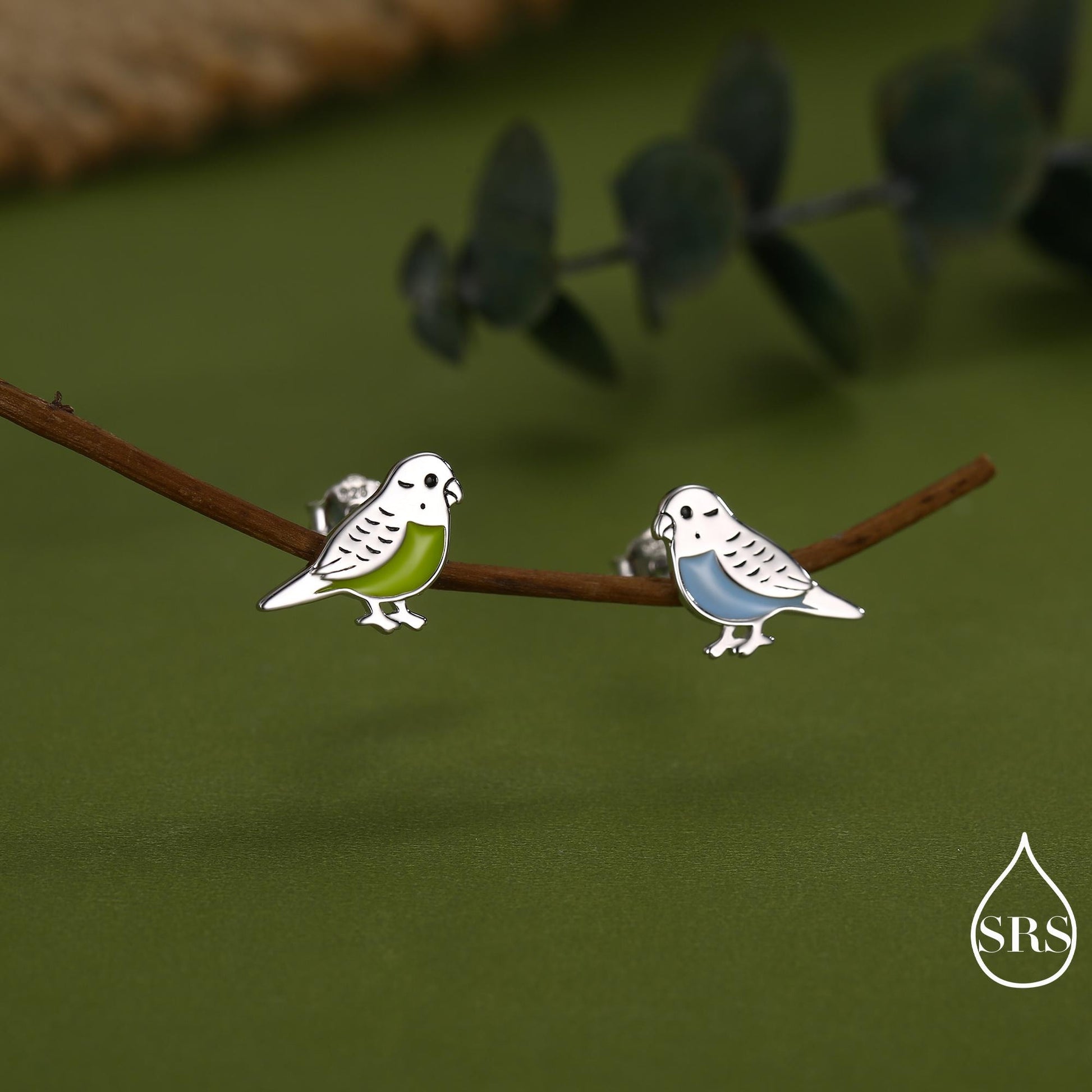 Sterling Silver Enamel Budgie Stud Earring, Mismatched Pair Green and Blue Pet parakeets Earrings, Nature Inspired Animal Jewellery