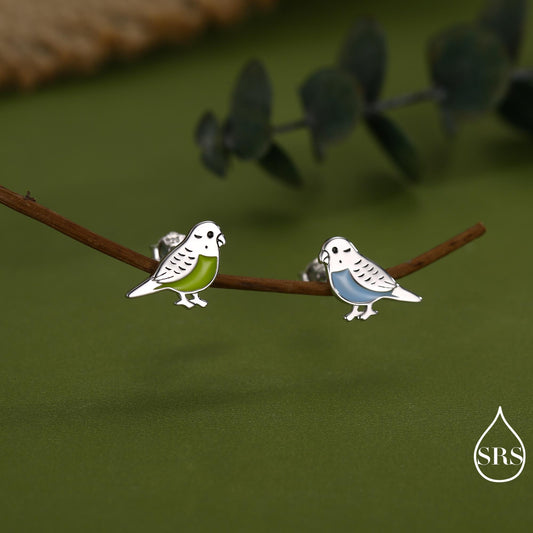 Sterling Silver Enamel Budgie Stud Earring, Mismatched Pair Green and Blue Pet parakeets Earrings, Nature Inspired Animal Jewellery