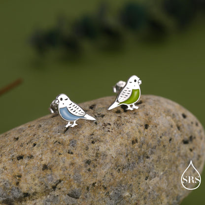 Sterling Silver Enamel Budgie Stud Earring, Mismatched Pair Green and Blue Pet parakeets Earrings, Nature Inspired Animal Jewellery