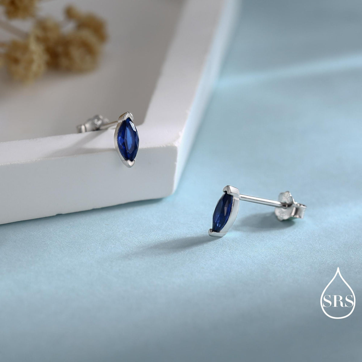 Sterling Silver Sapphire Blue Marquise Stud Earrings, Simulated Sapphire Crystal, Minimalist Geometric Design, September Birthstone