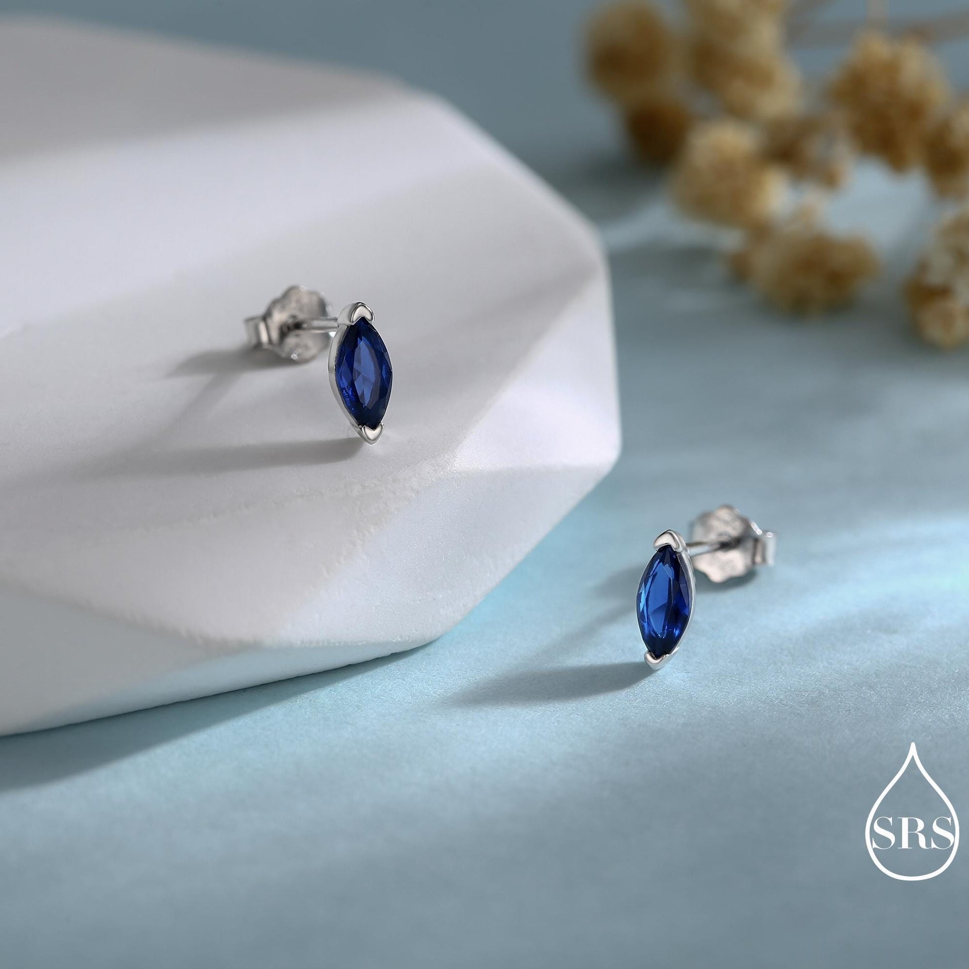 Sterling Silver Sapphire Blue Marquise Stud Earrings, Simulated Sapphire Crystal, Minimalist Geometric Design, September Birthstone