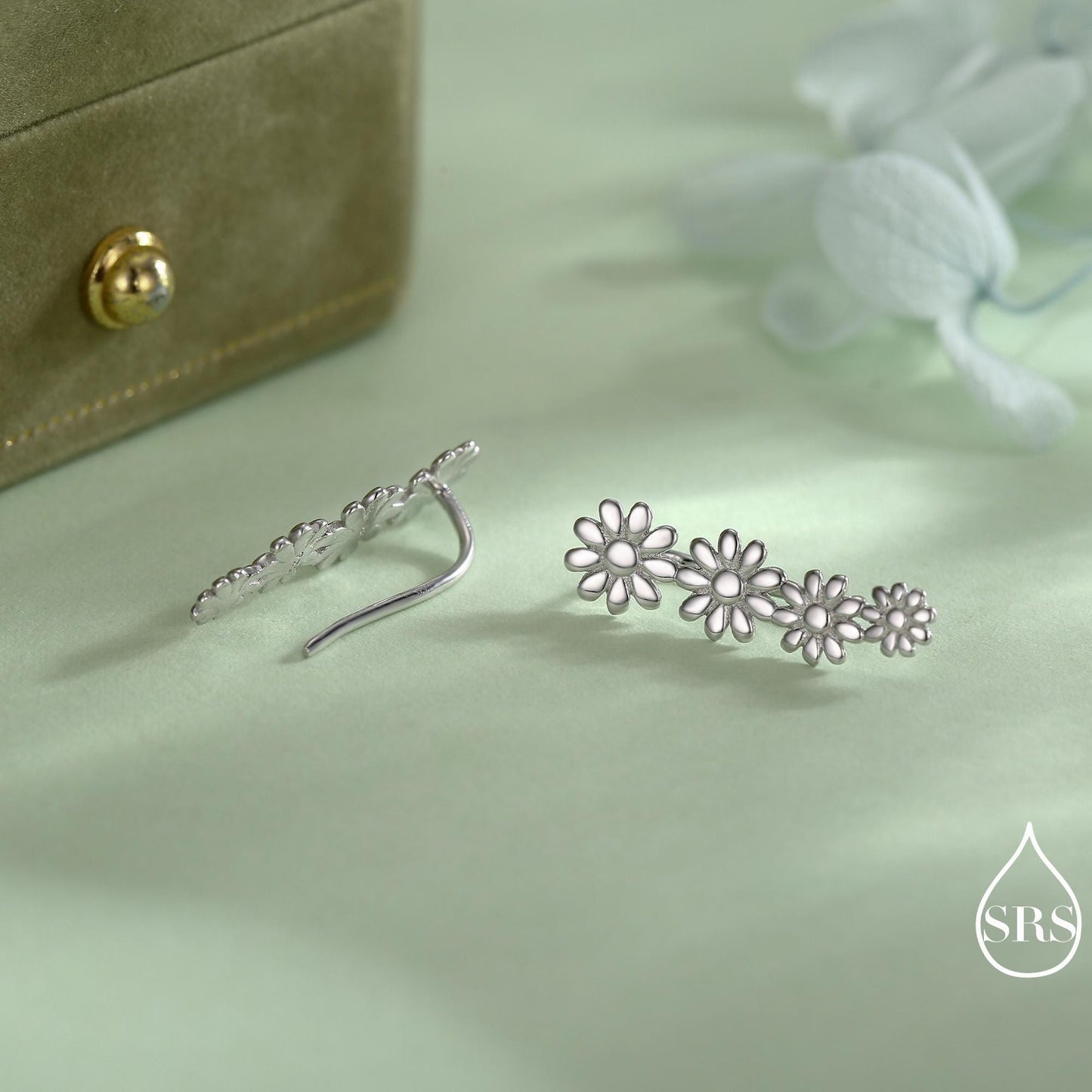 Daisy Flower Crawler Earrings in Sterling Silver, Daisy Chain, Flower Earrings, Ear Climbers, Daisy Earrings